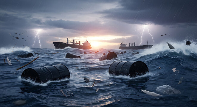 Large black oil barrels floating in a stormy ocean with cargo ships on the horizon under a dark cloudy sky with lightning strikes and heavy rain