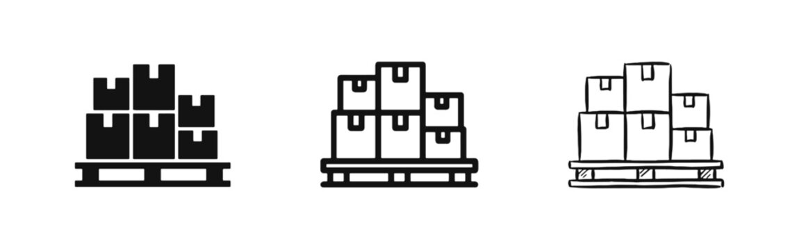 Warehouse Pallet with Boxes Icon Set - Solid, Outline, and Hand-Drawn Styles