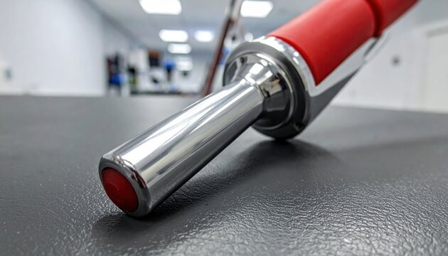 Polished chrome medical reflex hammer with vibrant red rubber head resting on a smooth dark leather clinical exam table, providing a professional and sterile atmosphere for physical assessments.
