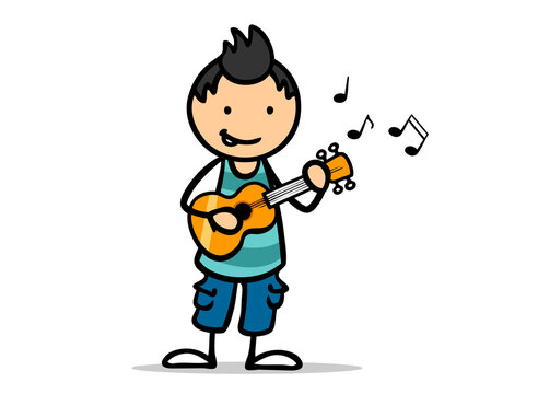 Cartoon Kind lernt Gitarre spielen in Musikschule