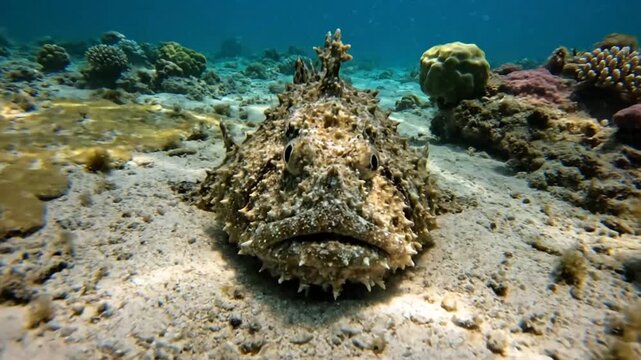 Underwater close up of a stonefish camouflaged on the sandy ocean floor surrounded by coral reef