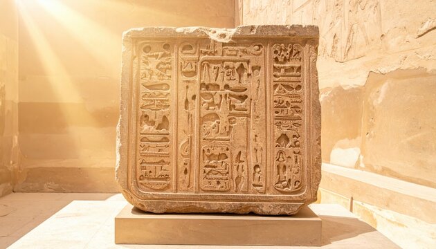 Ancient Egyptian Limestone Slab Featuring Intricate Hieroglyphic Inscriptions Displayed in Museum
