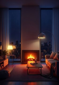 Warm fireplace illuminates modern interior space during a nighttime downpour outside large windows