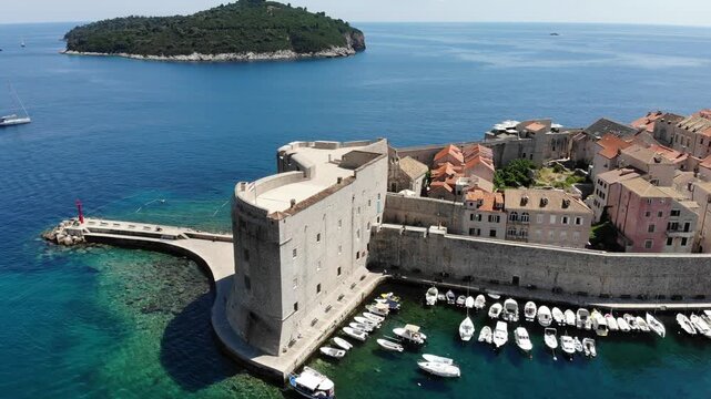 Dubrovnik city landmark, Croatia. St. John's Fortress and Medieval City Walls. Aerial view of Dubrovnik.