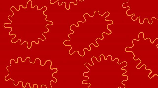 Dynamic 2D animation of orange wavy bacteria outlines on bold red background, representing high energy or infectious microscopic environment.