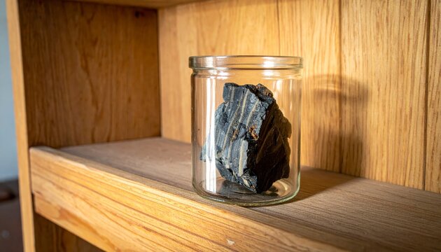 Dark Uranium Ore Fragment Displayed in a Glass Jar on a Wooden Shelf Showing Mineral Striations