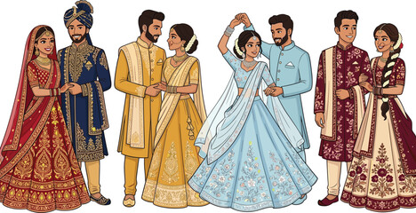 Naklejka premium Indian Wedding Couple Collection with Traditional Bridal Dresses, Cultural Fashion Clothing, and Elegant South Asian Vector Illustrations