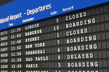 Fototapeta premium Airport, arrival and departure board, travel destinations, flights, boarding information. Flight status, gates, airlines, boarding, delayed cancelled. Travel information, passengers, tourism.