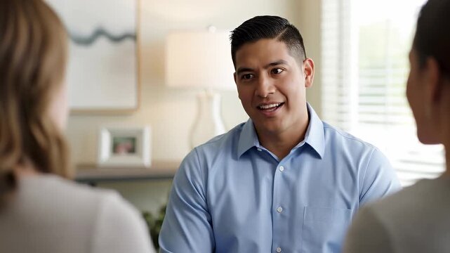 Professional man in blue shirt speaks with two women. He appears attentive and helpful during a consultation. Suitable for business, healthcare, or counseling services content.