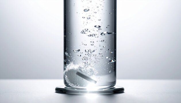 Clear glass cylinder filled with sparkling water and a dissolving effervescent tablet, creating a cinematic and refreshing medical or wellness themed scene suitable for healthcare marketing projects.