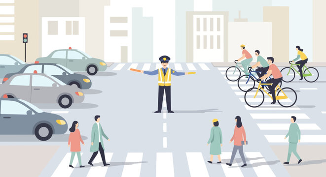 Traffic control illustration: Policeman directing road users at intersection