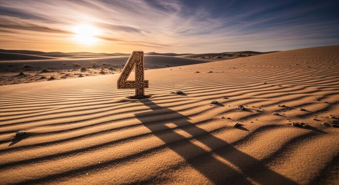 Number Four Standing Tall in Desert Dunes at Sunset.