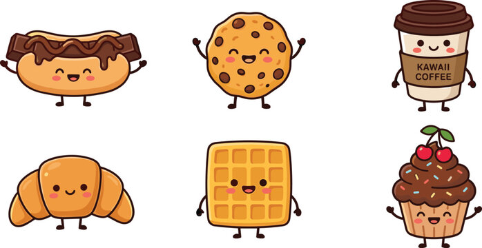 cute kawaii bakery food characters featuring donut cookie coffee waffle and cupcake for playful cartoon vector illustration design.