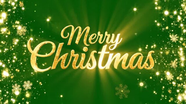 Merry Christmas, gold text, festive holiday background, green glitter, snowflakes ai 4k Video