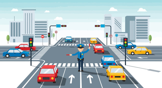 Police officer directing traffic at a vibrant city intersection