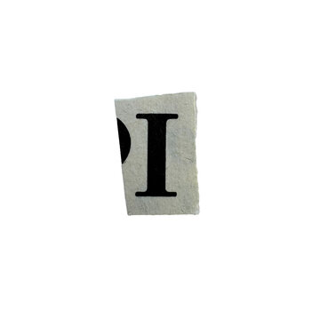 Ransom note style alphabet letter I hand-cut from vintage newspapers and magazines. Real paper collage character with authentic printed texture and handmade clipping isolated on transparent background