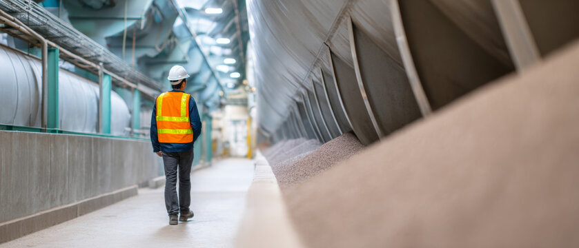 Worker inspecting industrial conveyor system
