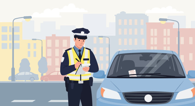 Police Officer Issuing Parking Ticket on City Street