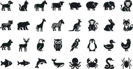 Obraz premium Animals icons set black silhouettes of various wildlife and domestic creatures for design