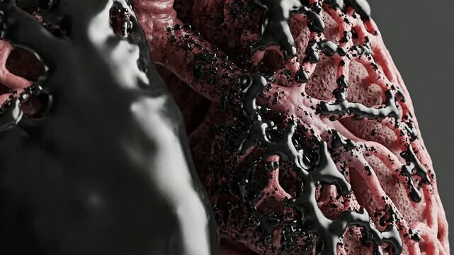 Animated Toxic Black Sludge Filling Lungs Damaged by Pollution