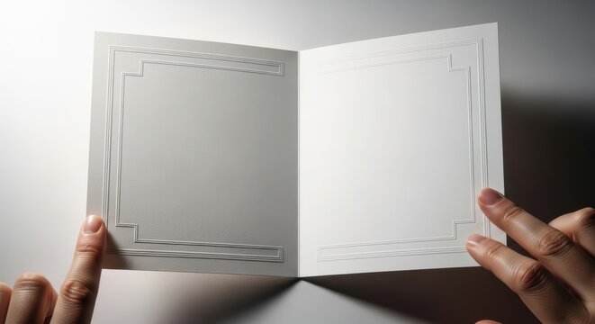 hands holding open white paper card with embossed borders
