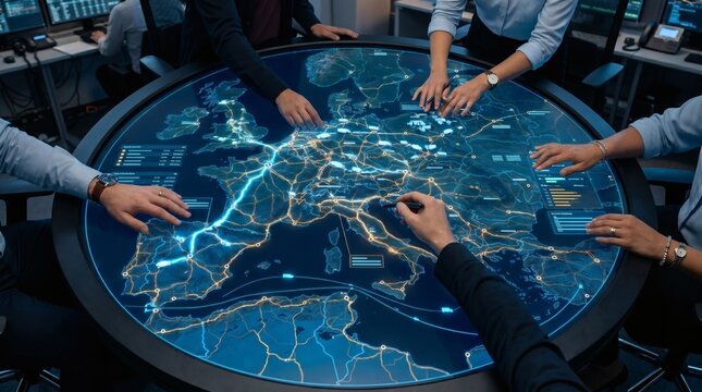 People collaborating around a large interactive digital map table displaying network infrastructure in a control room setting.