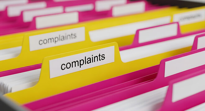 Yellow and pink hanging file folders inside a metal cabinet drawer, with labels clearly marked with the word complaints in a business office setting