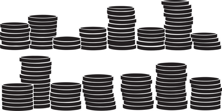 Stacks of black coins on white background illustration
