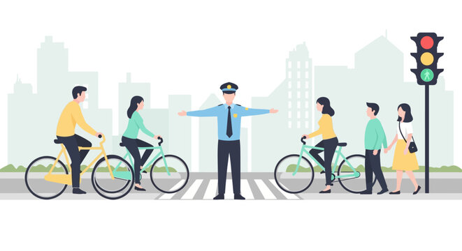 Policeman directing traffic at a crosswalk in the city with people and cyclists.