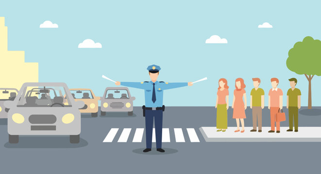 Traffic cop directing cars and pedestrians on a crosswalk