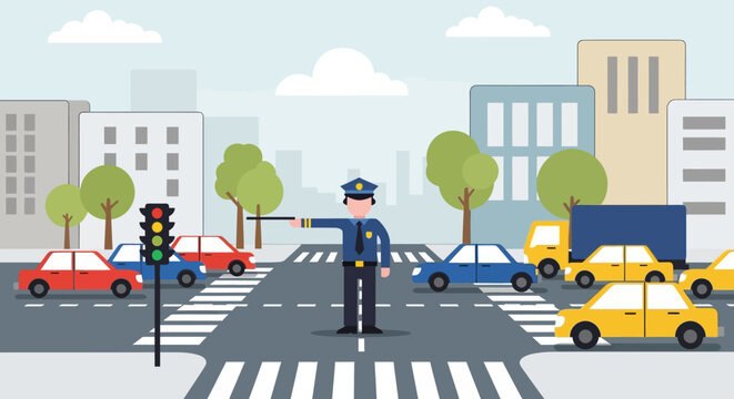 Traffic cop directing cars at a busy city intersection cartoon