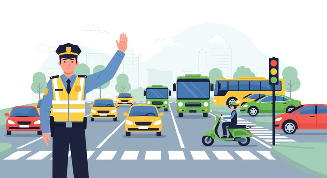 Traffic controller directs cars, buses and scooter on a city road