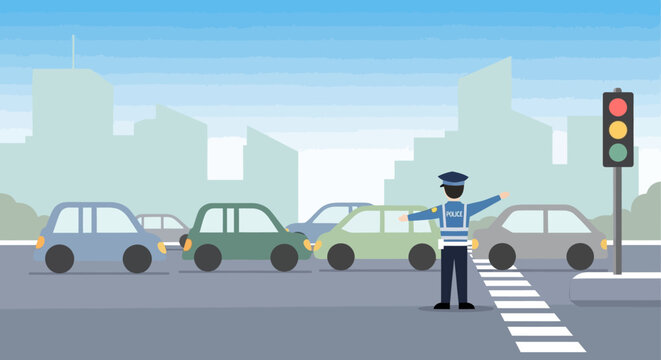 Traffic cop directing cars at a busy intersection near cityscape