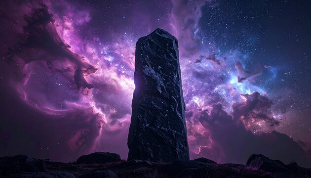 Mysterious dark basalt monolith emitting faint ethereal glow against a vibrant nebula-like cosmic expanse.