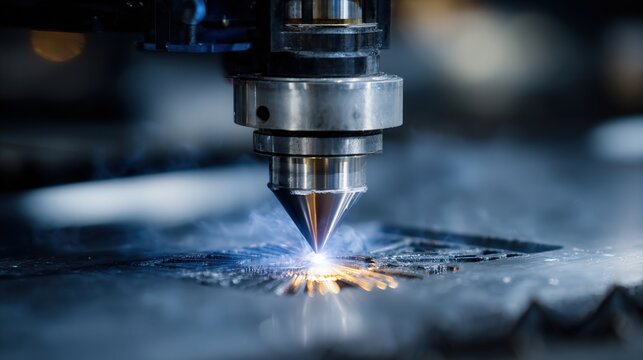 Closeup laser beam cutting metal sheet with bright sparks. Focused industrial scene showing concentrated beam, precise kerf and molten edge, automated CNC head and reflective metal surface, atmosphere