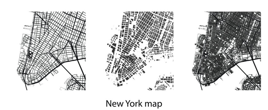 New York City NYC Lower Manhattan Map Vector Set - Abstract Urban Street Grid, Building Footprints, and City Layout Elements for Map Design, Infographics, and Architectural Planning Illustration
