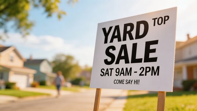 A yard sale sign on a suburban street with houses and a blue sky in the background, advertising a Saturday sale from 9am to 2pm.