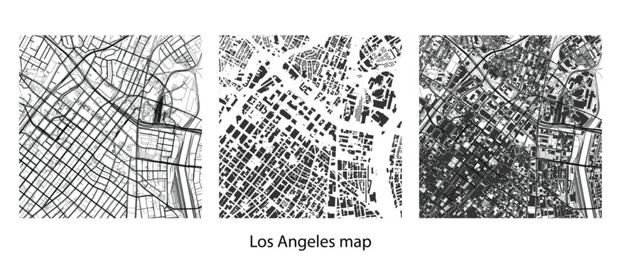 Los Angeles city map vector, urban street grid illustration, monochrome downtown road network, detailed building layout, modern black and white cartography design template for print and web