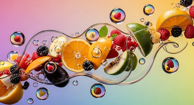 Assorted fresh citrus and berry fruits flow suspended within dynamic liquid swirls and droplets