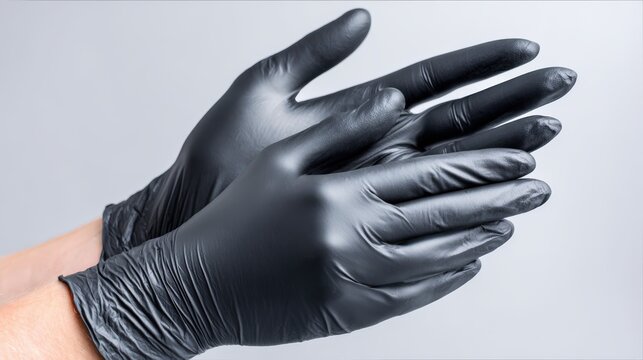 Hands wearing black nitrile gloves are pressed together against a light background.