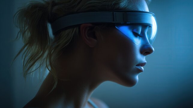 White woman wearing futuristic visor testing neural interface in dim laboratory with blue lighting, focused profile, highdetail headset showing sensors, experimental atmosphere of innovation