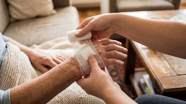 Close-up of a person's hand applying a bandage to another person's arm, emphasizing care and medical attention