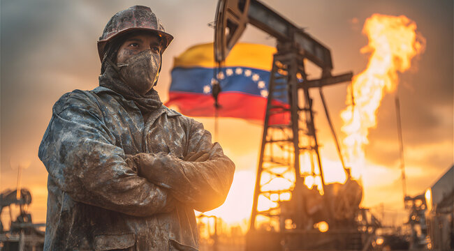 Rugged oilfield worker covered in grime stands proudly with arms crossed before a pumpjack and a Venezuela flag as gas flares burn at sunset