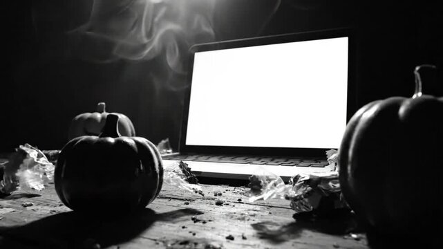 Spooky Halloween scene with a laptop, pumpkins, candy wrappers, and swirling smoke on a rustic wooden table in monochrome