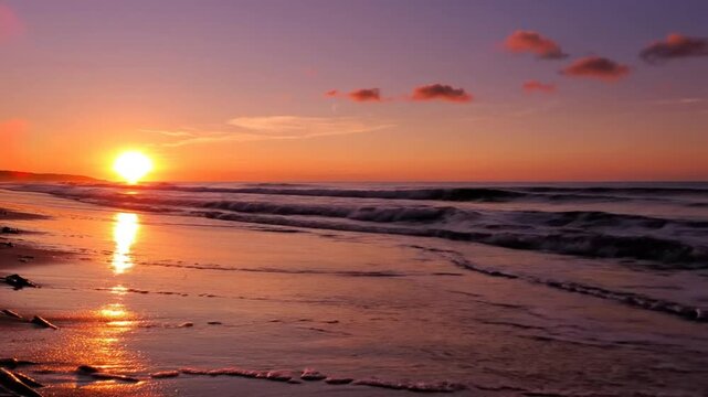 Beautiful ocean waves lapping the shore at sunrise with golden light reflecting in wet sand creating a serene and picturesque landscape