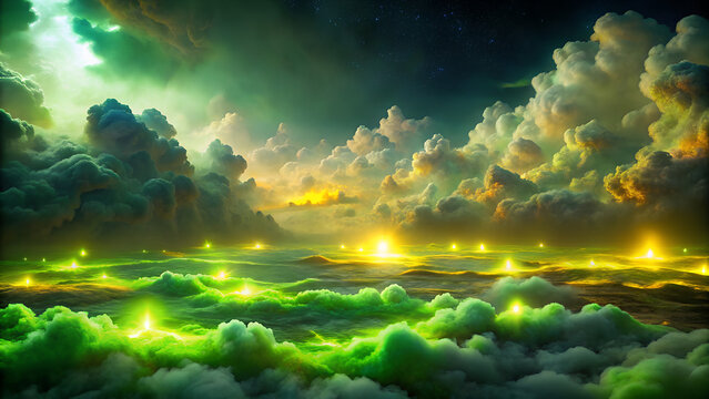 Ground green fog background, 3d rendering. Smoke cloud scene neon light. Spooky dark magic haze. Panoramic view of the abstract fog isolated. 