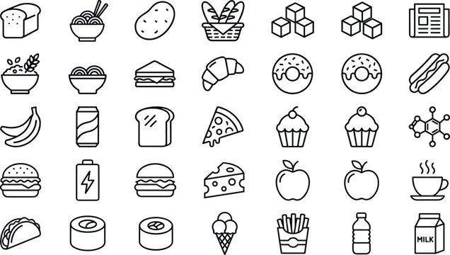 food and beverage outline icons set featuring bread burger coffee donut pizza and snacks for minimalist vector illustration design.