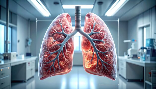 Detailed coronal view of human lungs showing organic pulmonary textures and bronchial architecture, captured in a clinical medical imaging environment for diagnostic research and medical education.