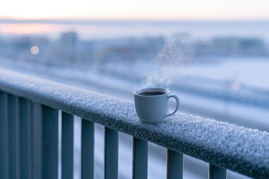 Hot steaming coffee cup on a snow-covered balcony railing with a winter city view