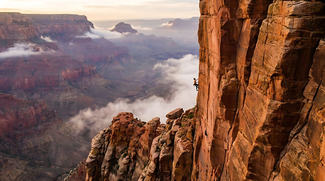 Man rock climbing steep red cliff face with breathtaking valley view and foggy landscape